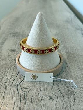 Tory Burch Red and Gold Enamel Logo Bangle Bracelet